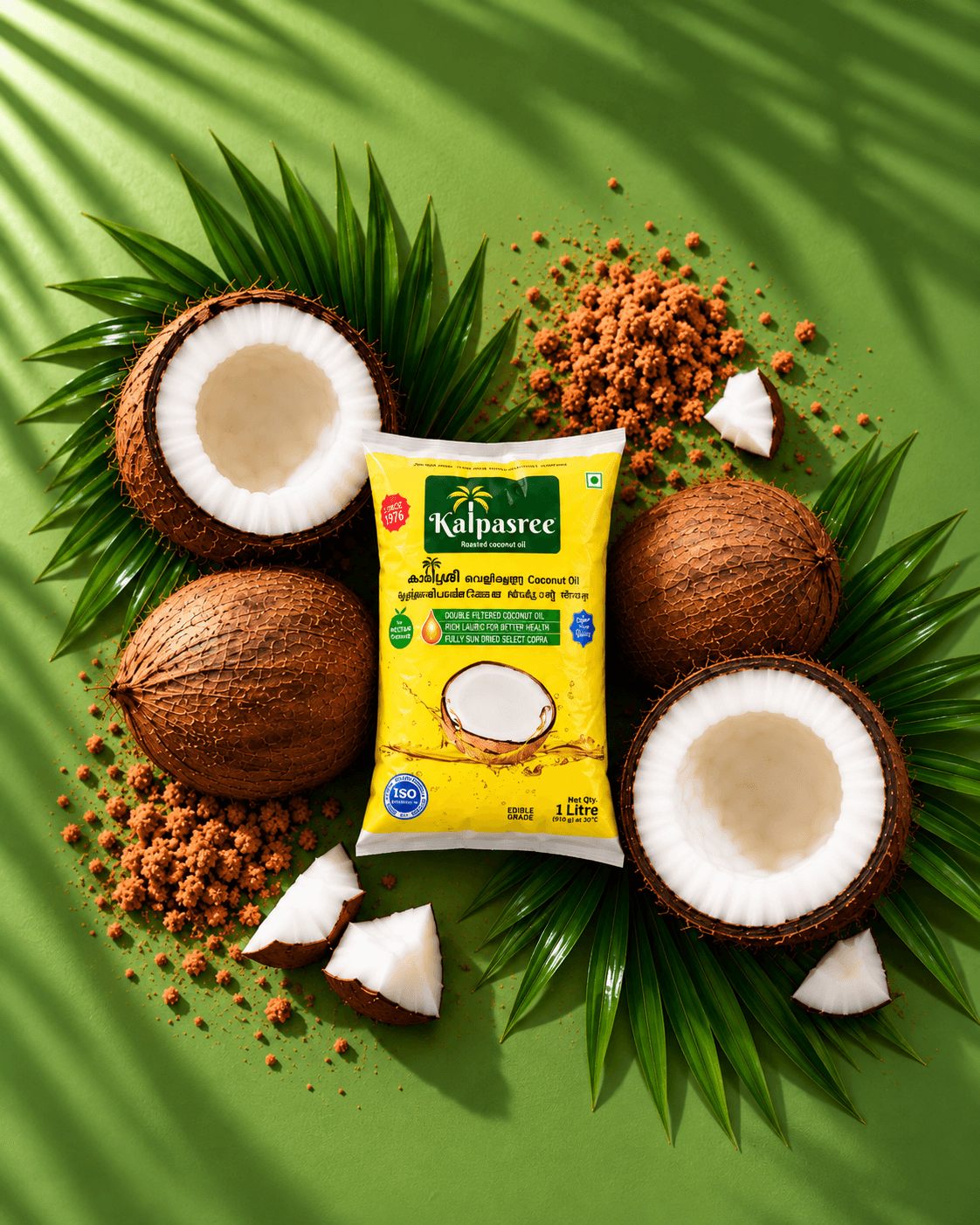 A 1 litre Kalpasree coconut oil pouch surrounded by cracked coconuts, palm leaves and jaggery on a green background