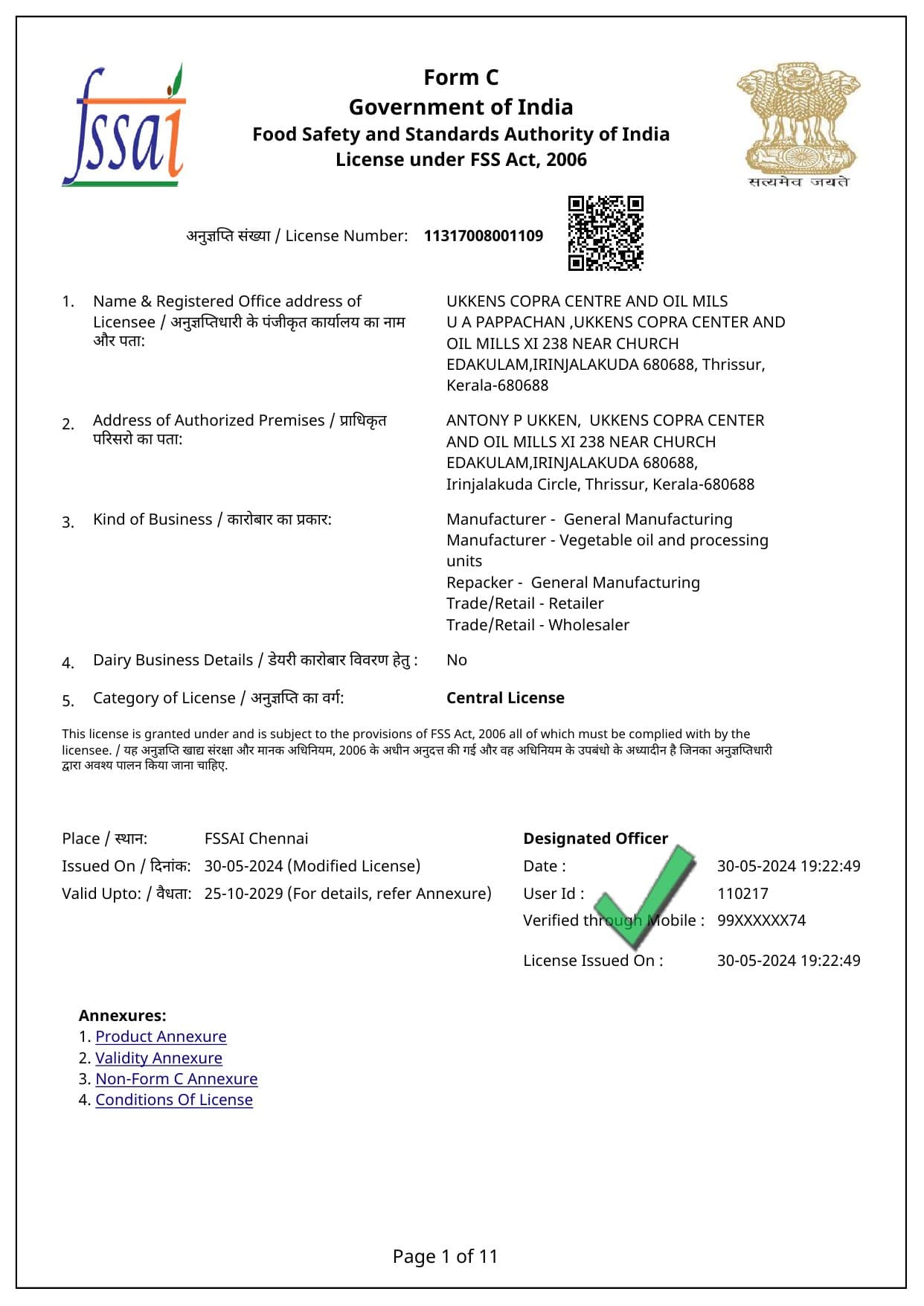 FSSAI Approved certificate