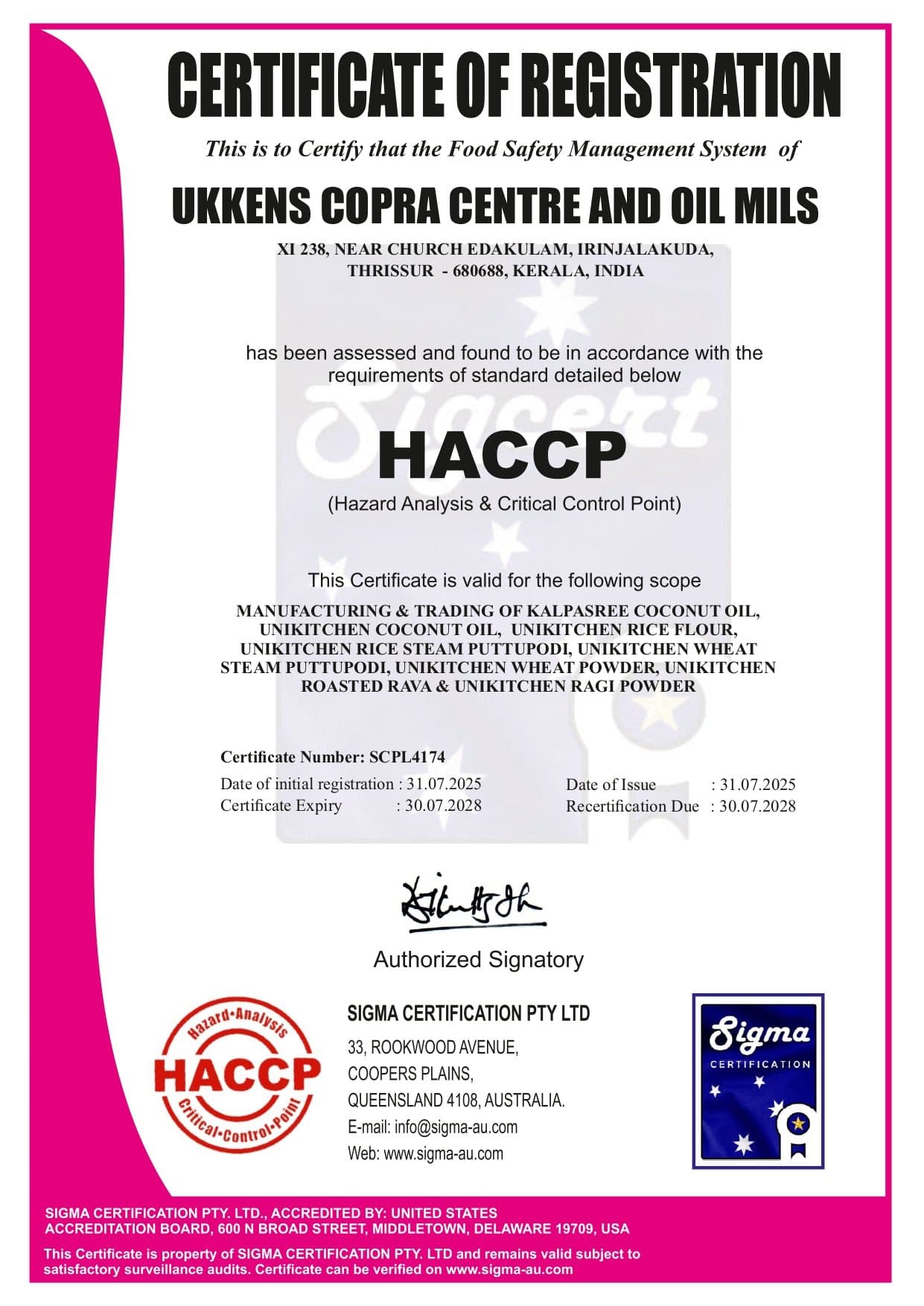 HACCP Certified certificate