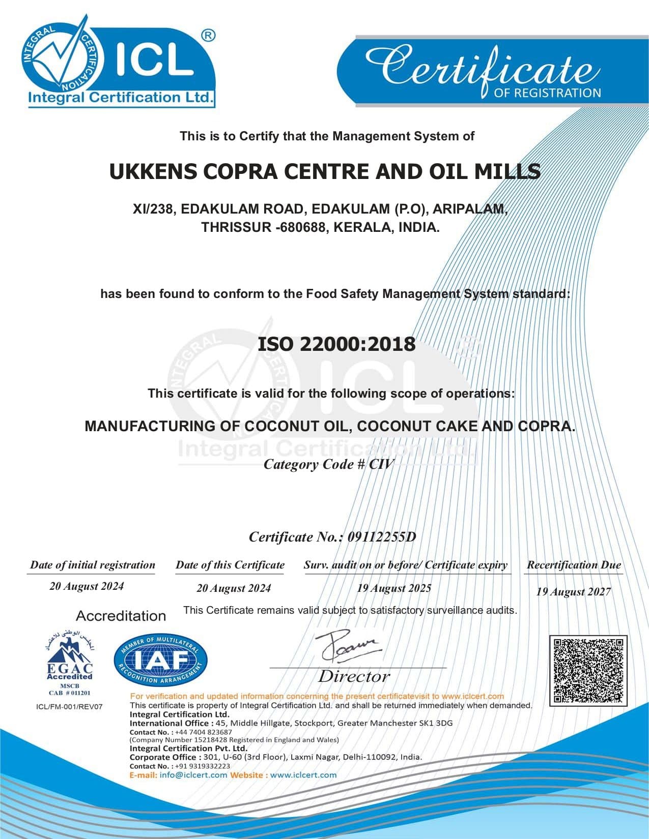 ISO 22000:2018 certificate